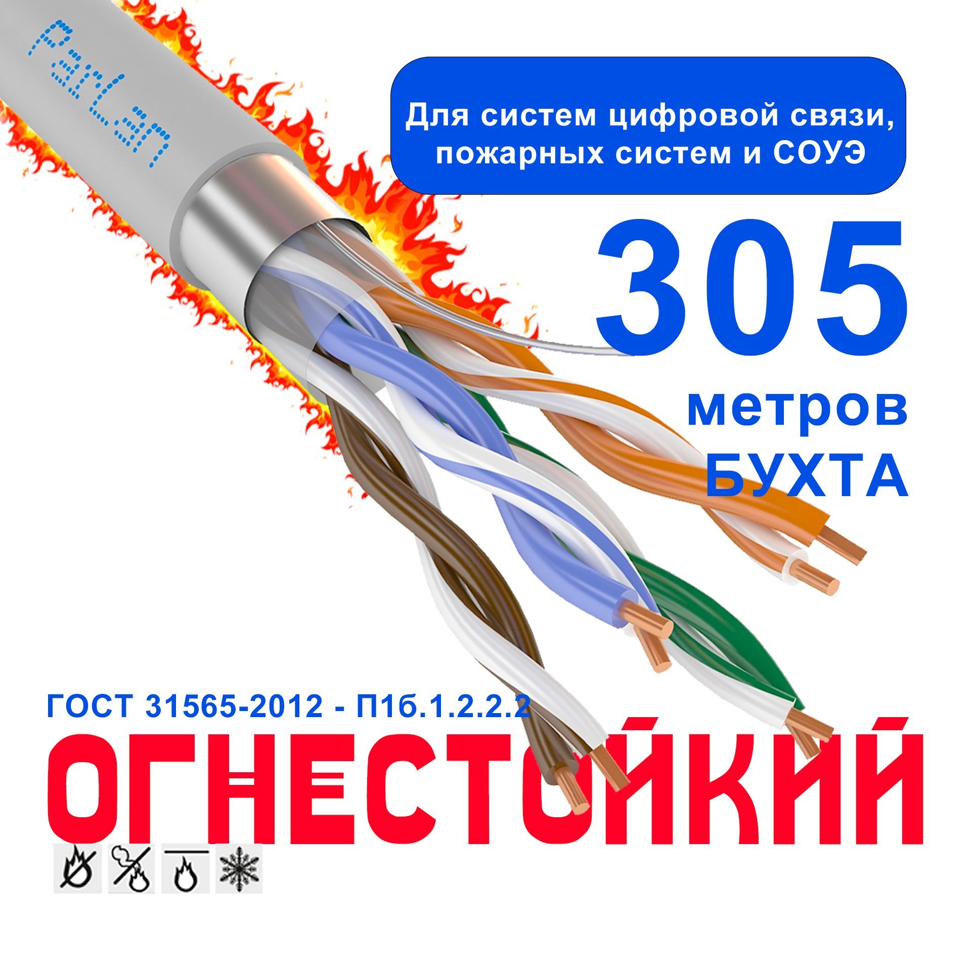Огнестойкий кабель 4х2х0,52 для скс и IP-сетей ParLan F/UTP Cat5e PVCLS нг(А)-FRLS 305 метров